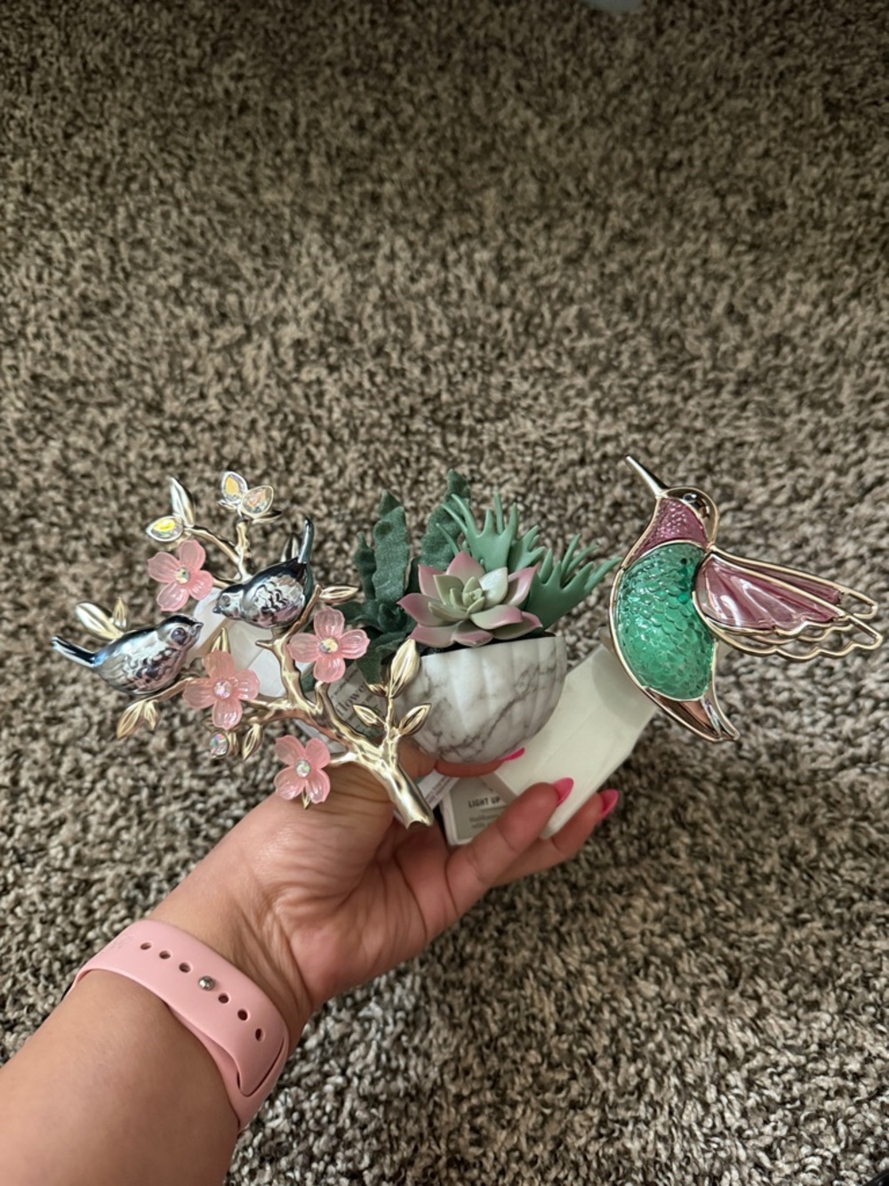 Hummingbird & Floral Decorative Accent with Faux Succulent - Pink & Green